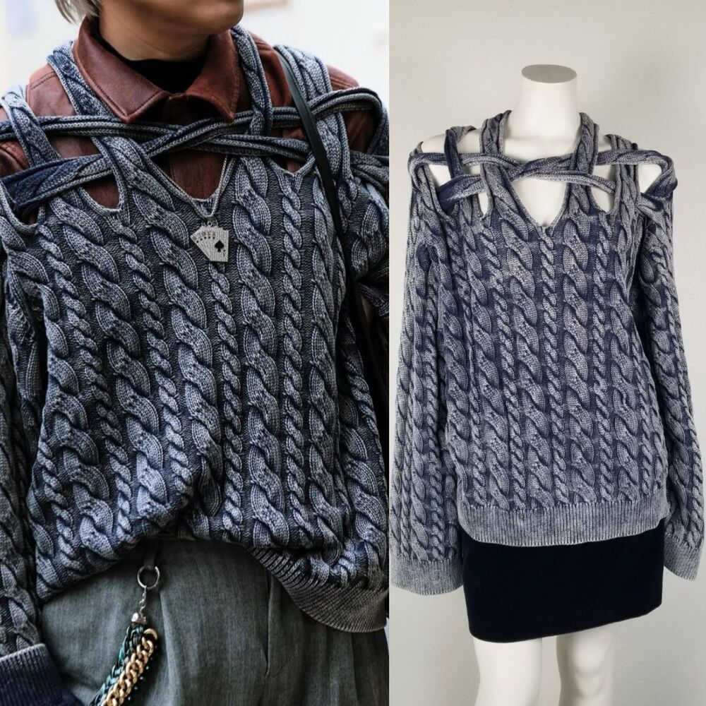 H&M X Glenn Martens Cut-out Cable Knit  Blue Oversized Cotton Sweater Sz M NWT